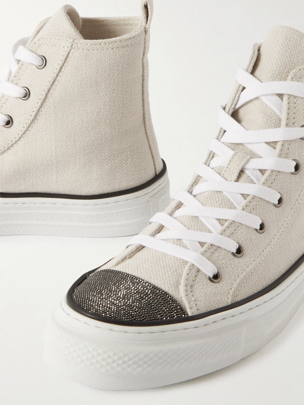 Close-up detail of the Brunello Cucinelli Bead-embellished Canvas Sneakers
