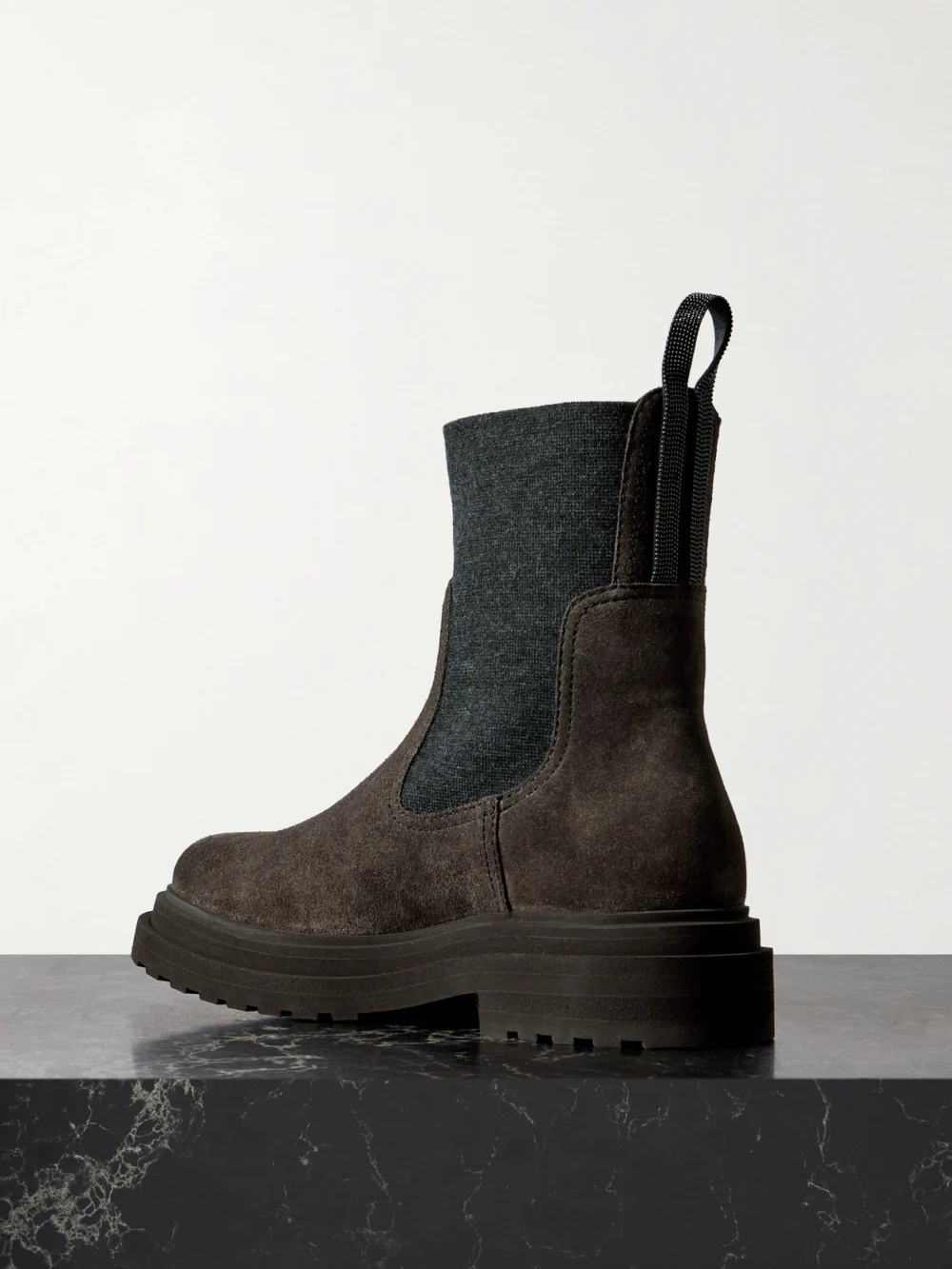 Back view of the Brunello Cucinelli Bead-embellished Knit-trimmed Suede Chelsea Boots
