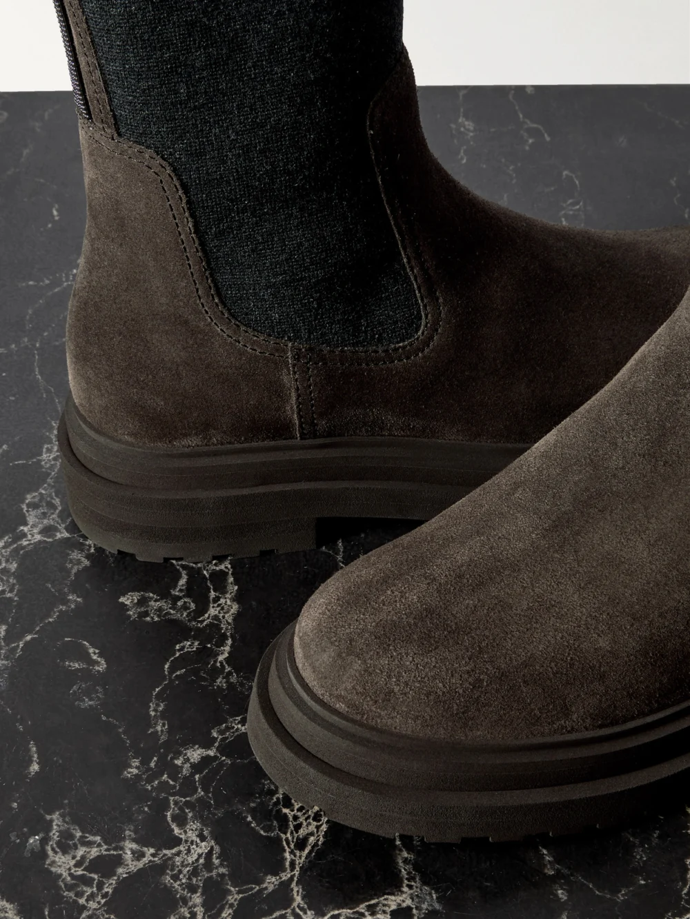 Close-up detail of the Brunello Cucinelli Bead-embellished Knit-trimmed Suede Chelsea Boots