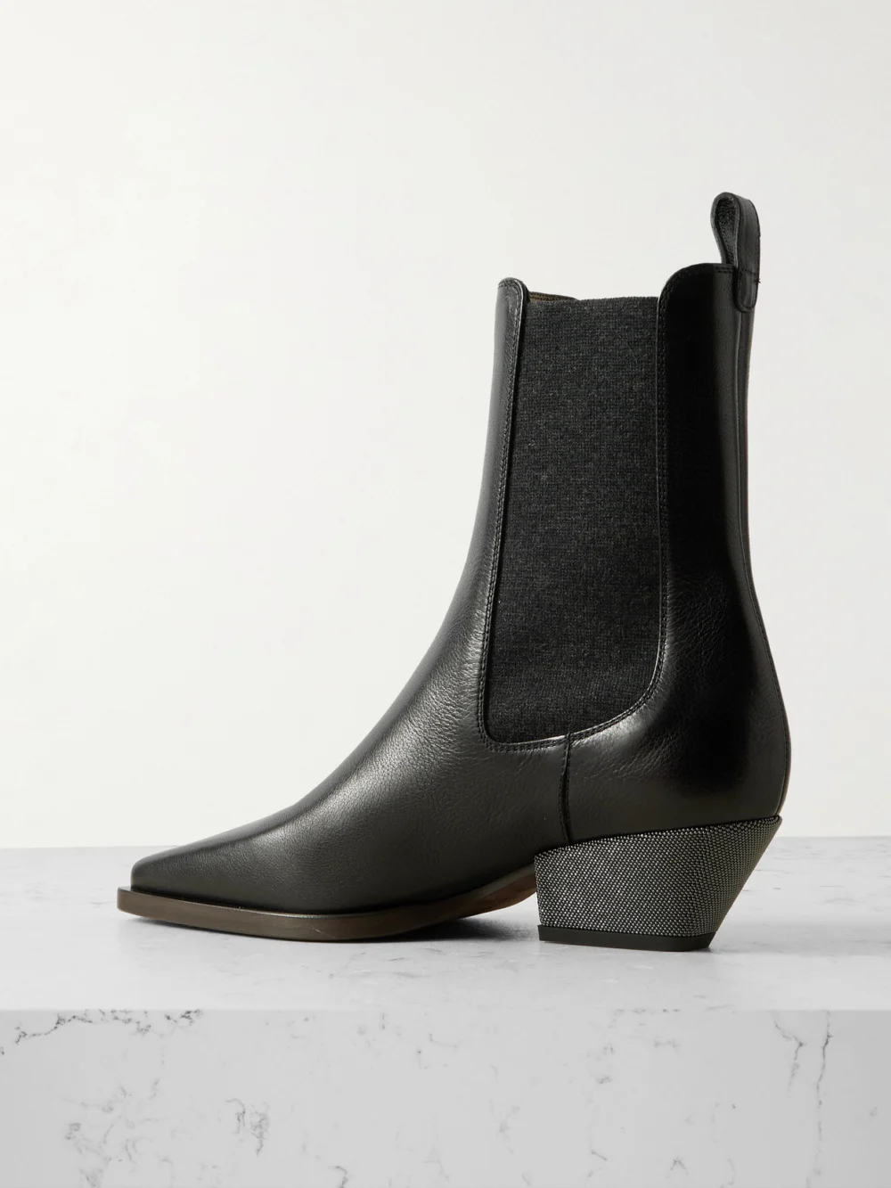 Back view of the Brunello Cucinelli Bead-embellished Leather Ankle Boots