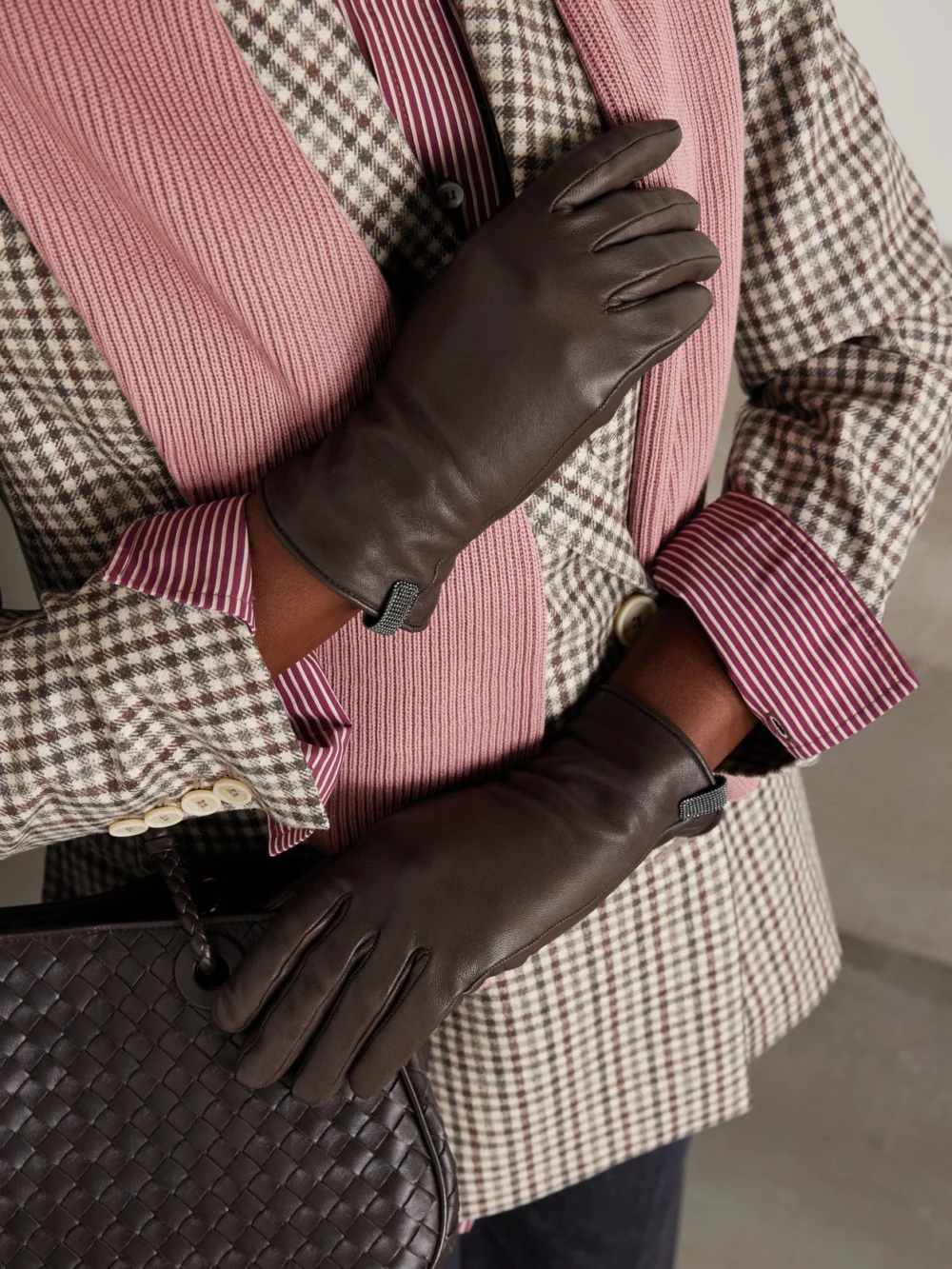 Brunello Cucinelli Bead-embellished Leather Gloves, styled view