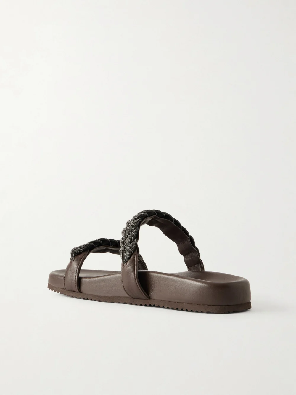 Back view of the Brunello Cucinelli Bead-embellished Leather Sandals