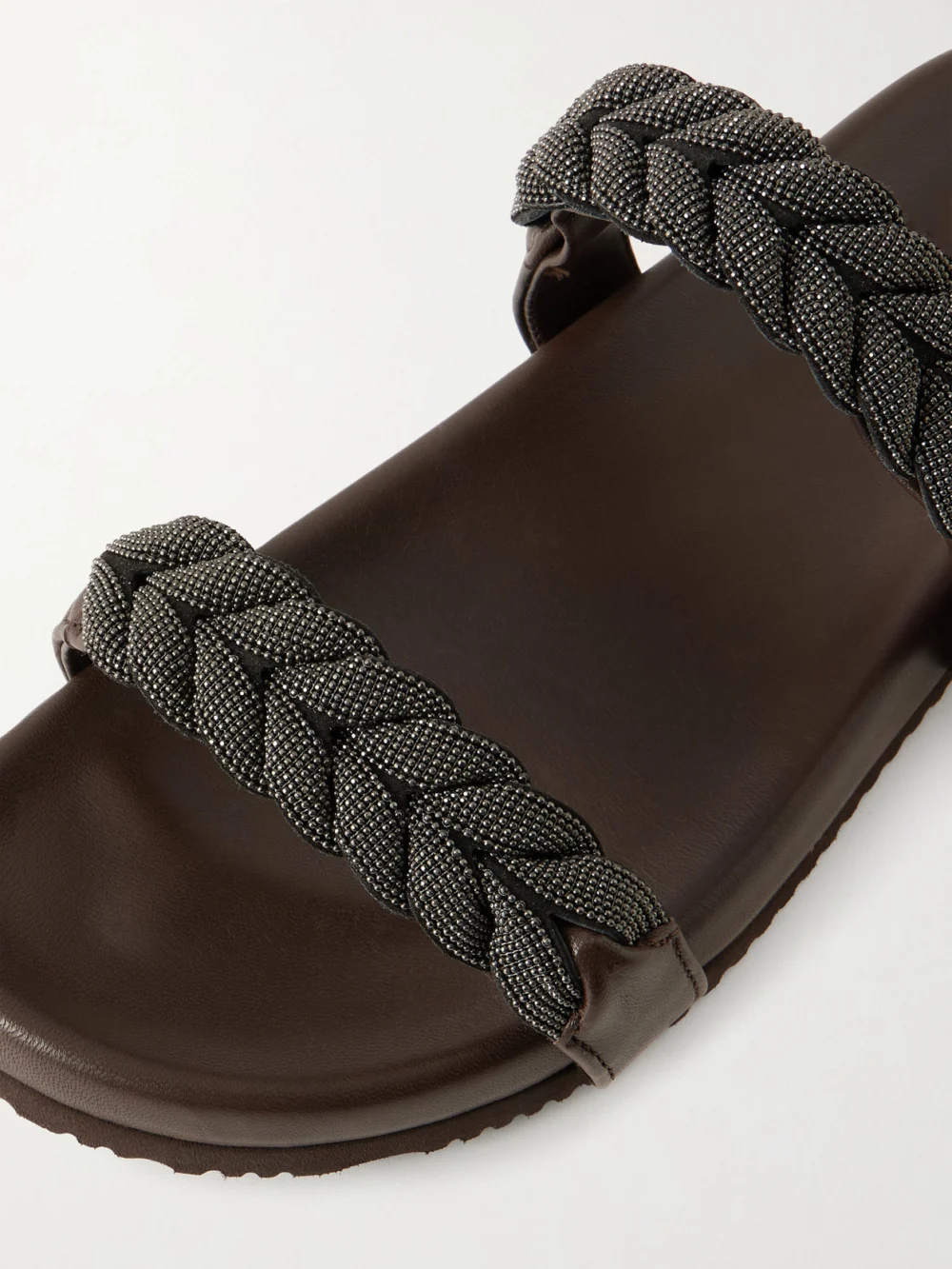Close-up detail of the Brunello Cucinelli Bead-embellished Leather Sandals