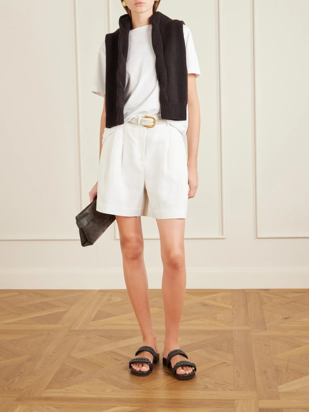 Brunello Cucinelli Bead-embellished Leather Sandals, styled view