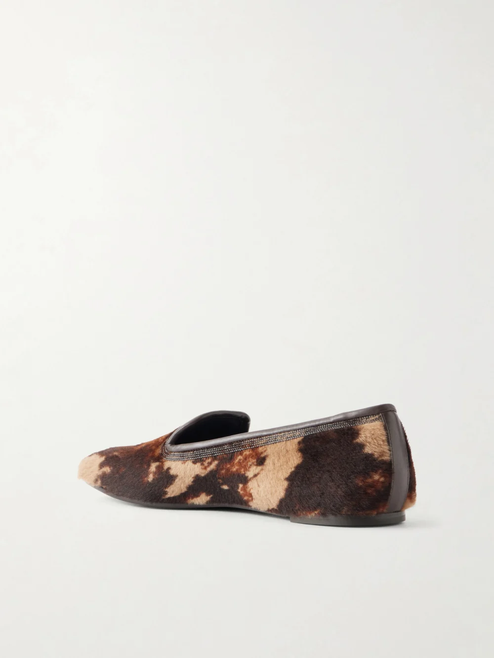 Back view of the Brunello Cucinelli Bead-embellished Leather-trimmed Brushed Loafers