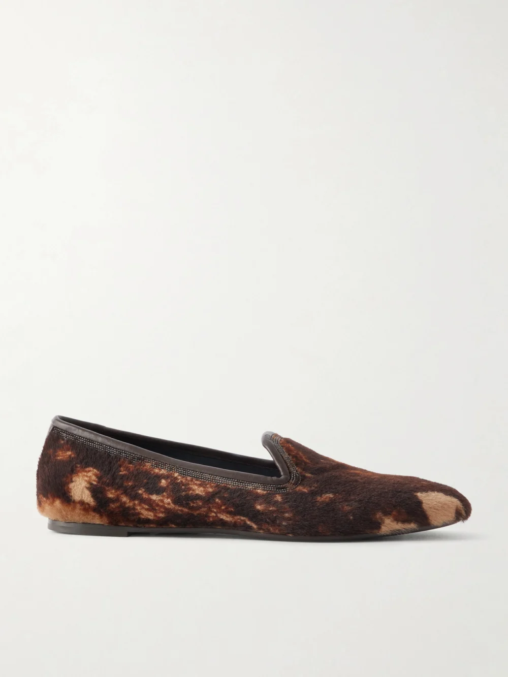 Brunello Cucinelli Bead-embellished Leather-trimmed Brushed Loafers in dark brown