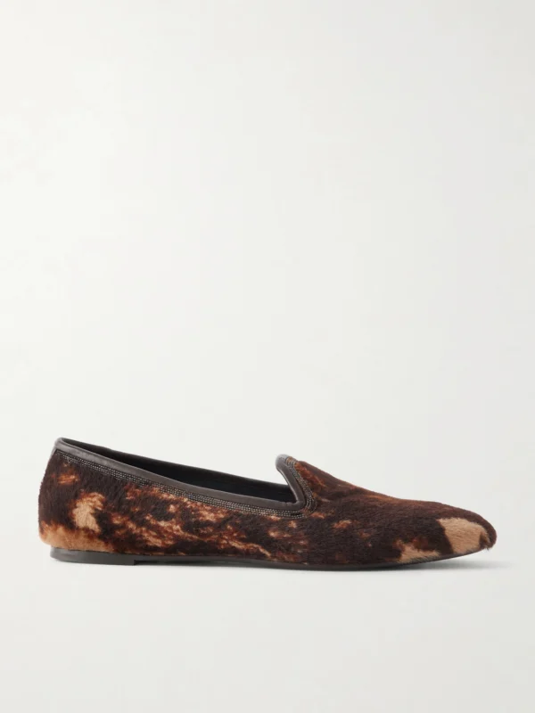 Brunello Cucinelli Bead-embellished Leather-trimmed Brushed Loafers