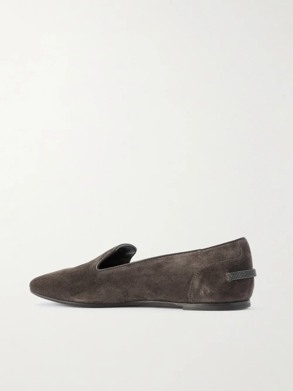 Back view of the Brunello Cucinelli Bead-embellished Leather-trimmed Suede Ballet Flats