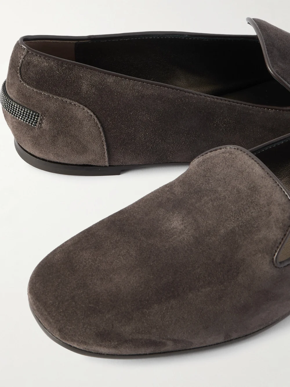 Close-up detail of the Brunello Cucinelli Bead-embellished Leather-trimmed Suede Ballet Flats