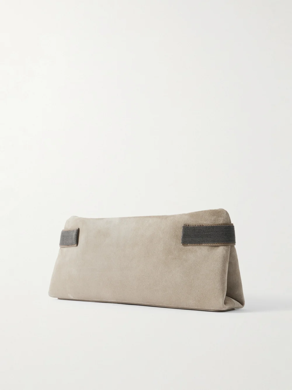 Back view of the Brunello Cucinelli Bead-embellished Leather-trimmed Suede Clutch
