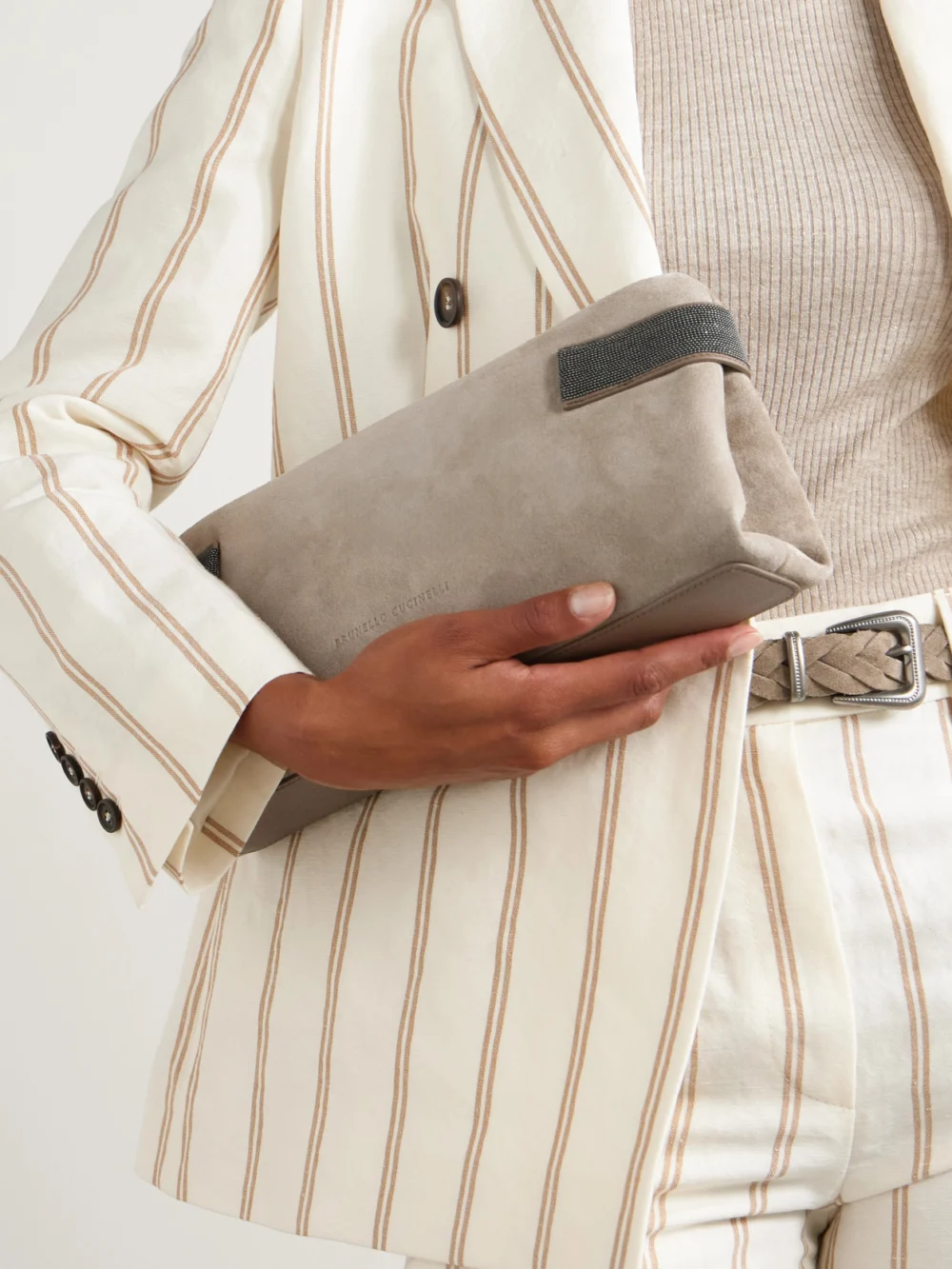 Brunello Cucinelli Bead-embellished Leather-trimmed Suede Clutch, styled view
