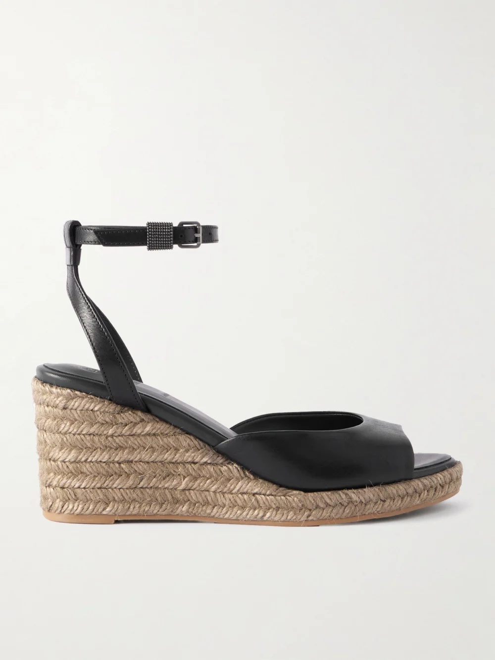 Brunello Cucinelli Bead-embellished Leather Wedge Espadrilles in black