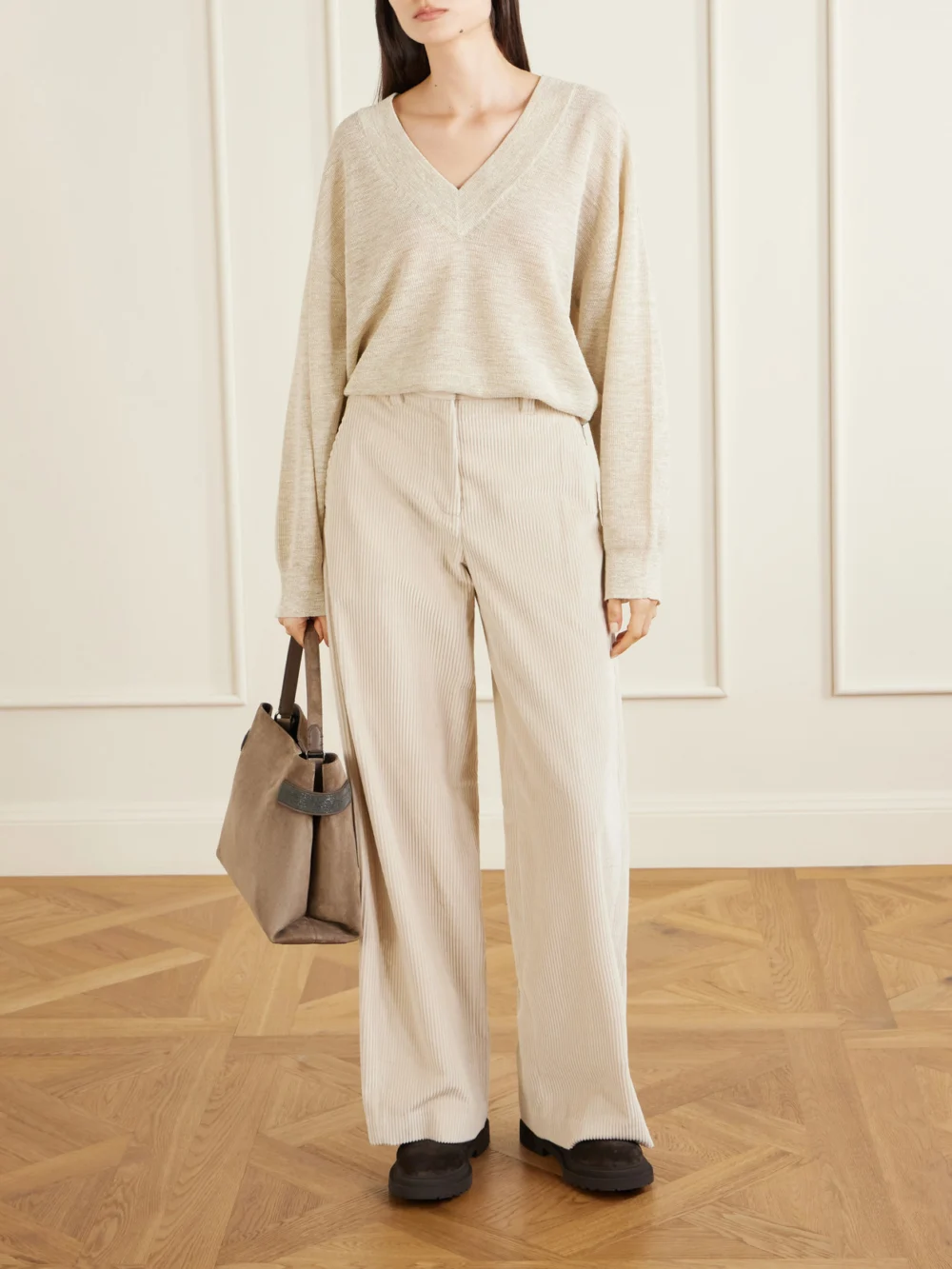 Brunello Cucinelli Bead-embellished Shearling-lined Suede Ankle Boots, styled view