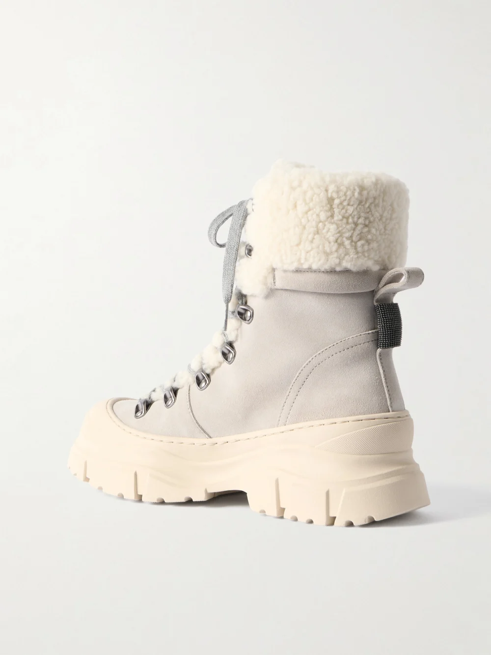 Back view of the Brunello Cucinelli Bead-embellished Shearling-lined Suede Ankle Boots
