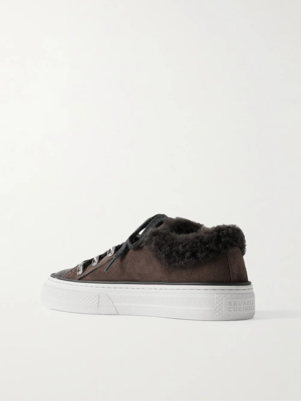 Back view of the Brunello Cucinelli Bead-embellished Shearling-lined Suede Sneakers
