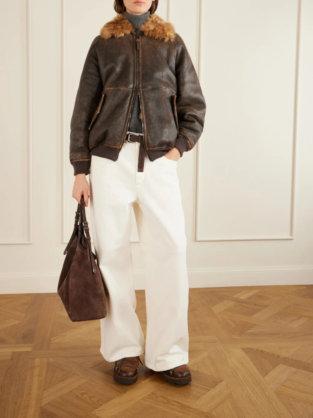 Brunello Cucinelli Bead-embellished Shearling-trimmed Leather Ankle Boots, styled view