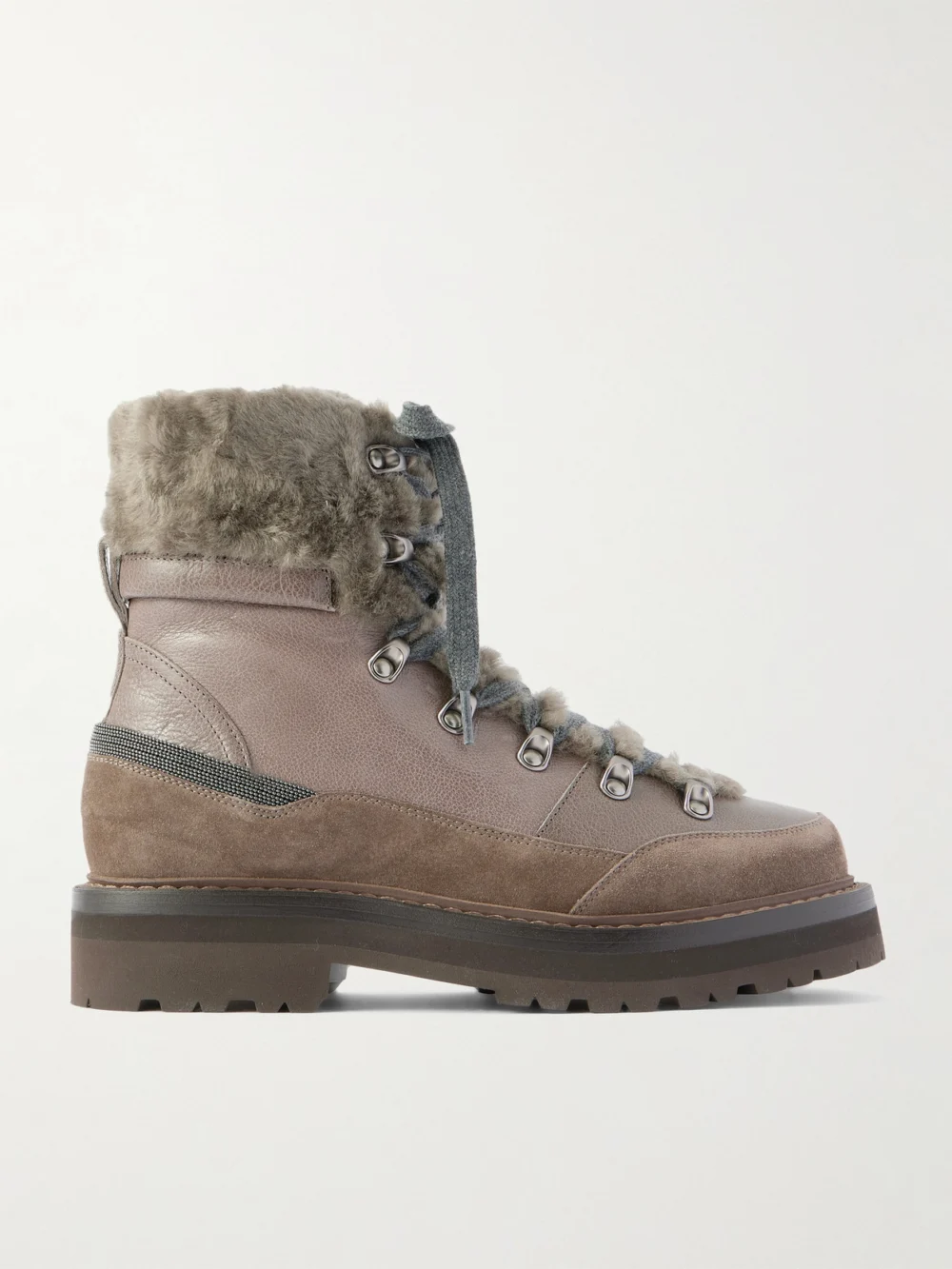 Brunello Cucinelli Bead-embellished Shearling-trimmed Leather Ankle Boots in dark gray