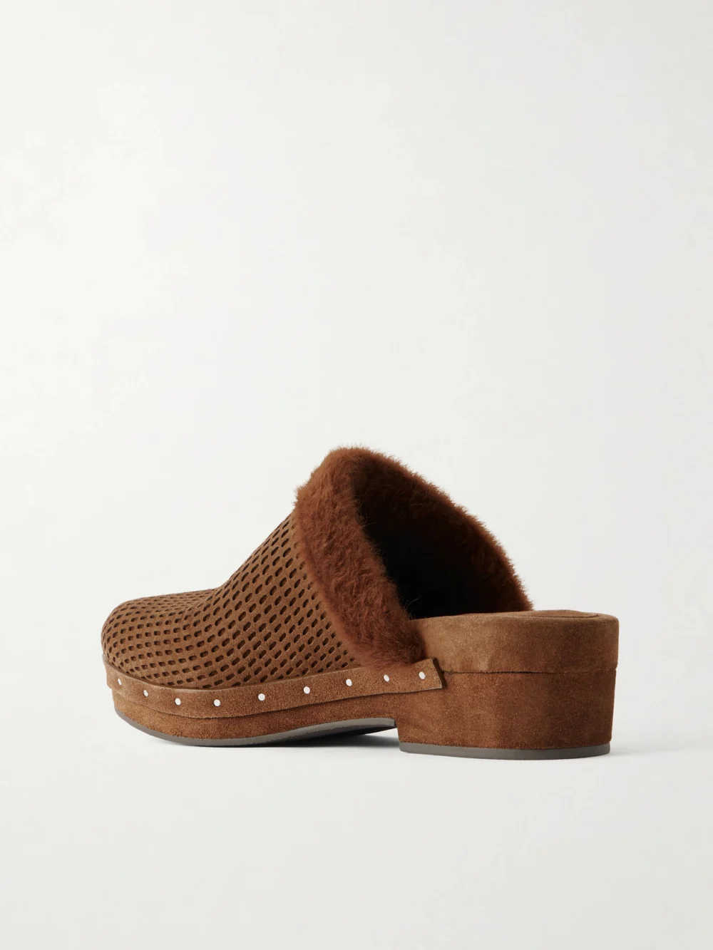 Back view of the Brunello Cucinelli Bead-embellished Shearling-trimmed Suede Clogs