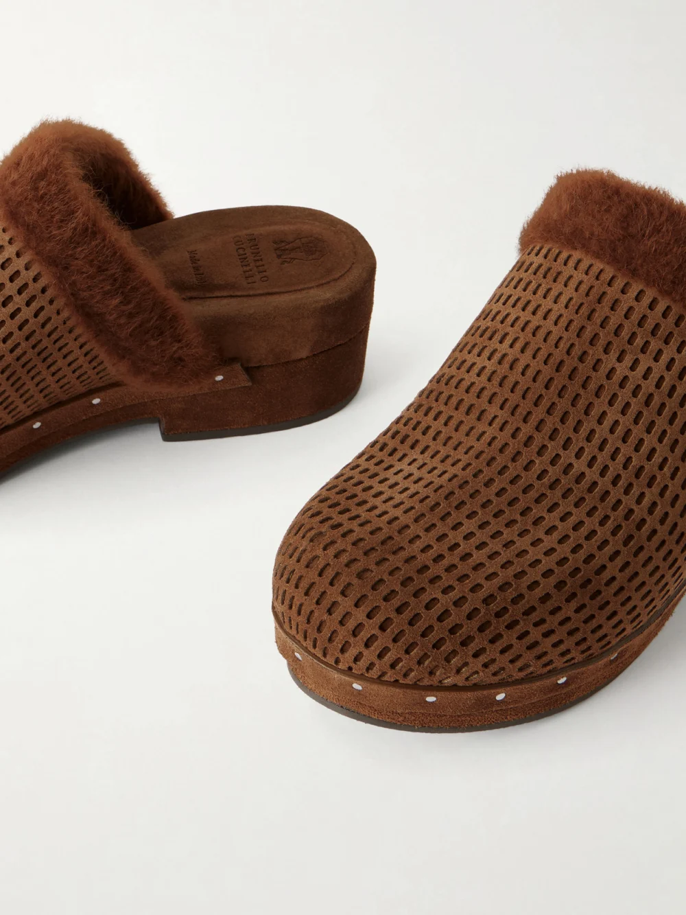 Close-up detail of the Brunello Cucinelli Bead-embellished Shearling-trimmed Suede Clogs