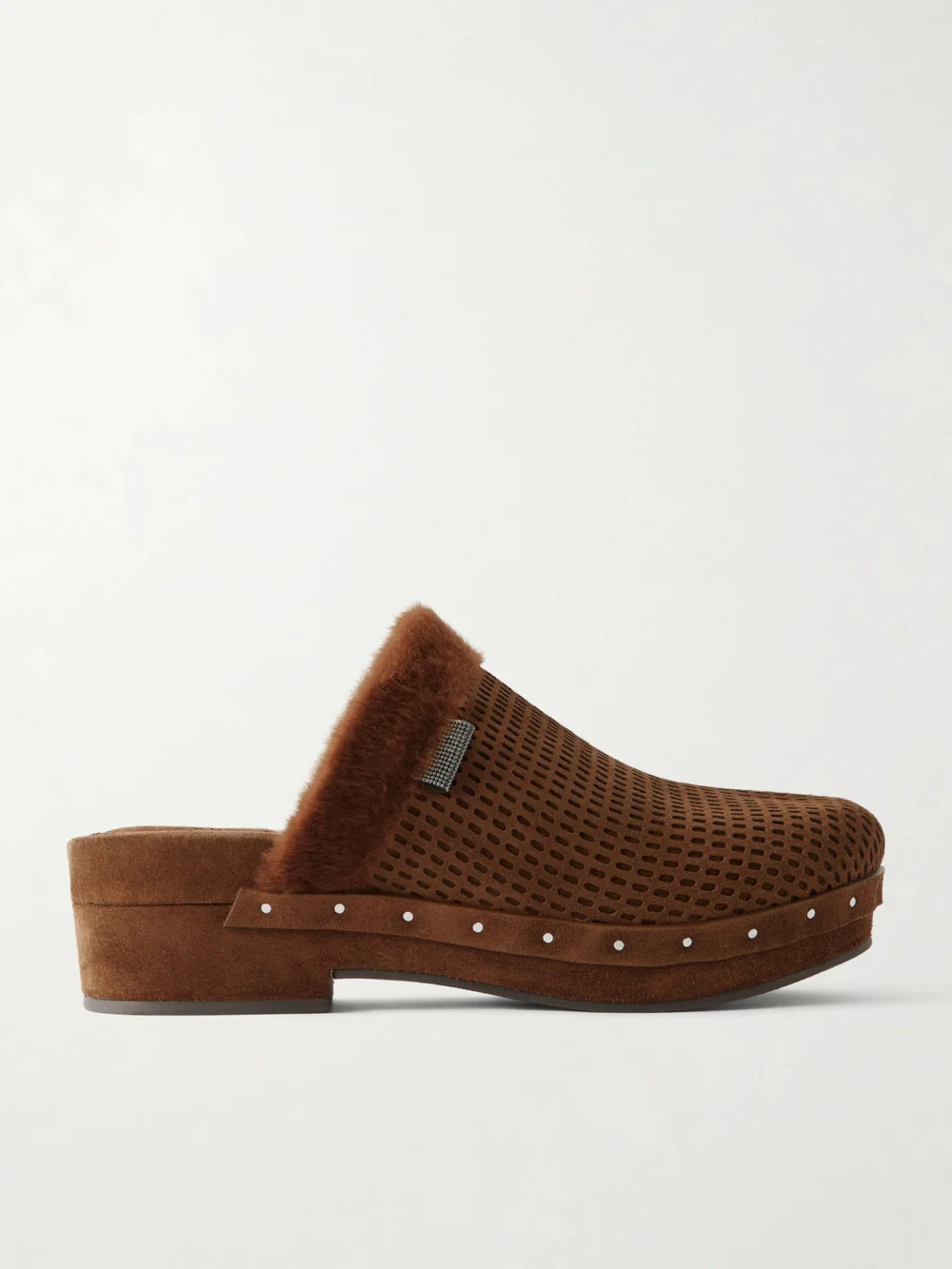 Brunello Cucinelli Bead-embellished Shearling-trimmed Suede Clogs in brown