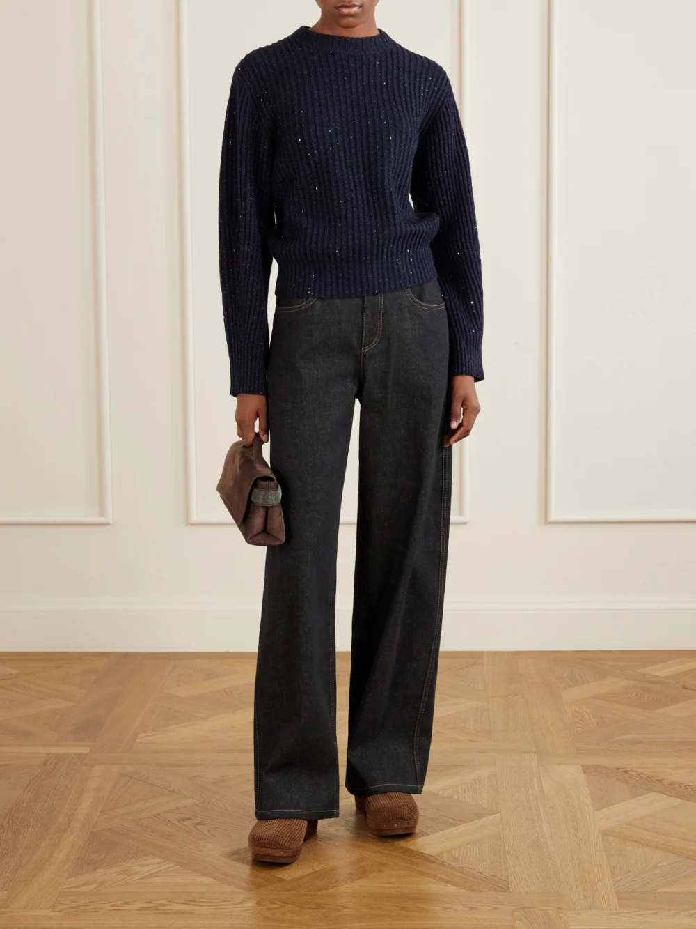 Brunello Cucinelli Bead-embellished Shearling-trimmed Suede Clogs, styled view