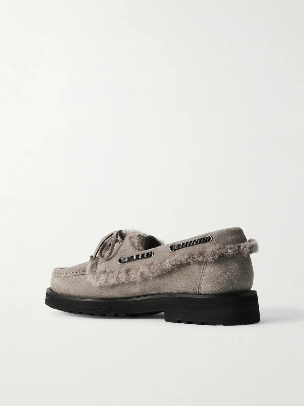 Back view of the Brunello Cucinelli Bead-embellished Shearling-trimmed Suede Loafers