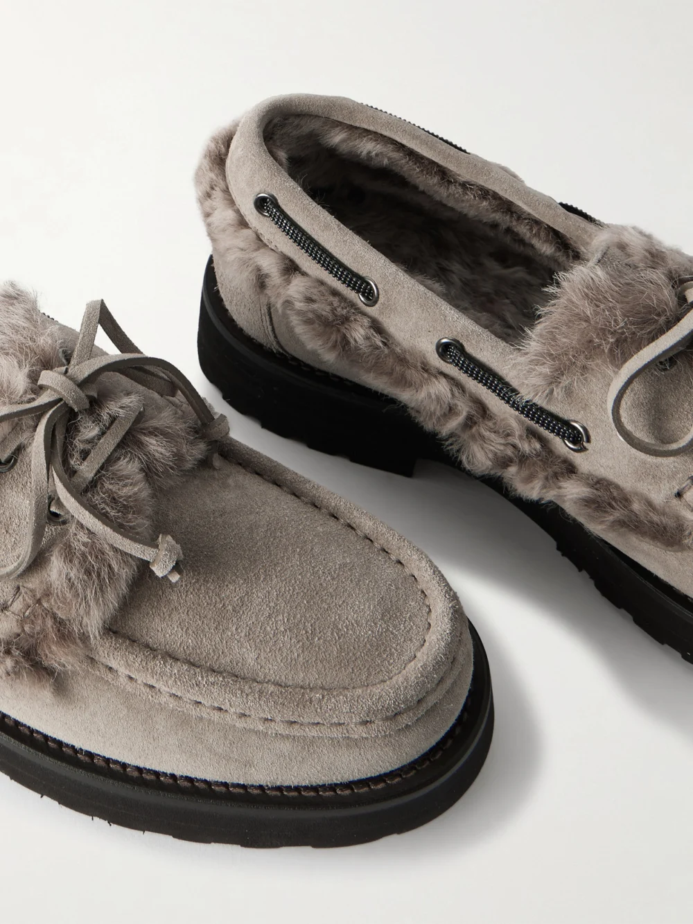 Close-up detail of the Brunello Cucinelli Bead-embellished Shearling-trimmed Suede Loafers