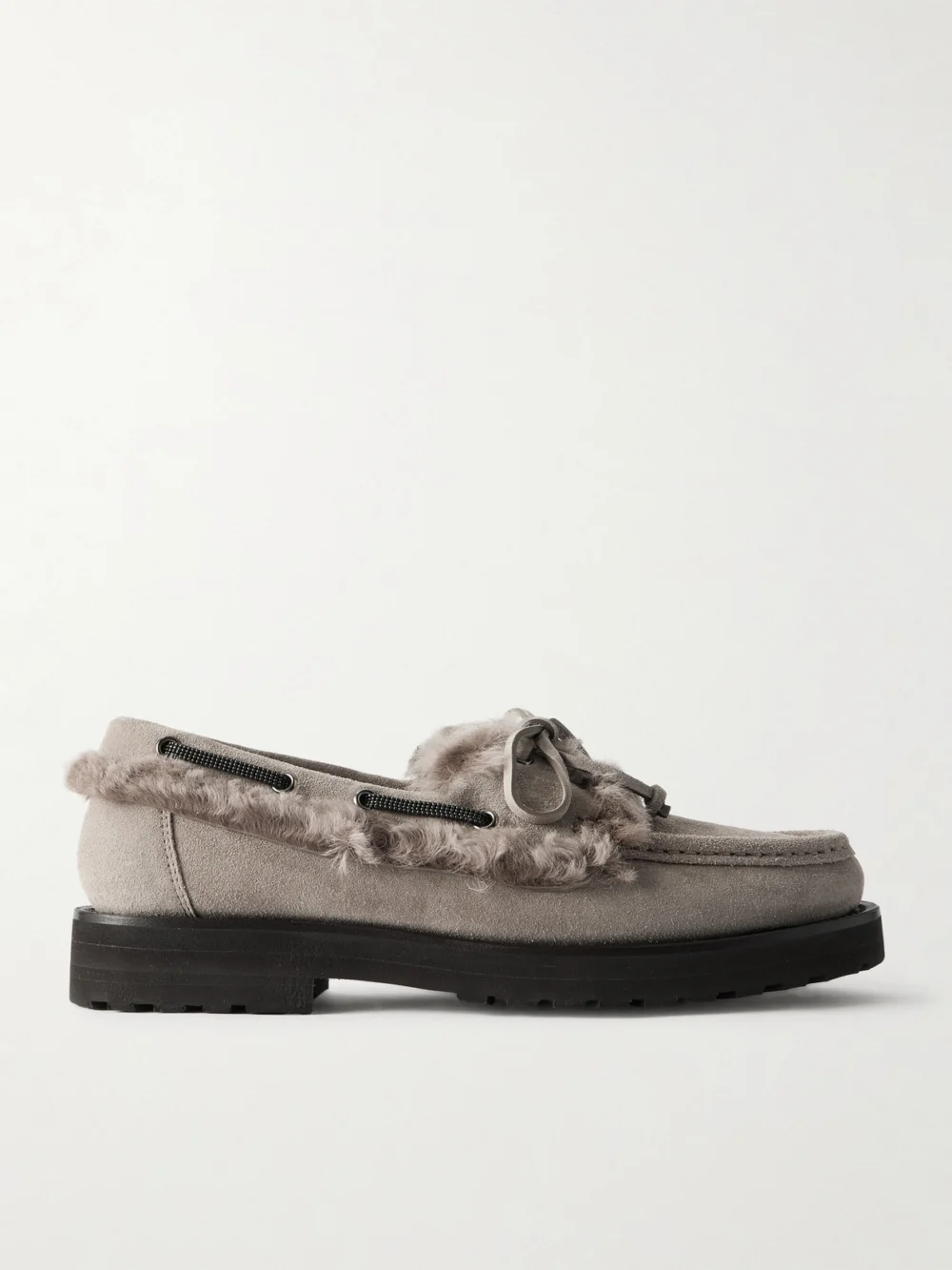 Brunello Cucinelli Bead-embellished Shearling-trimmed Suede Loafers in light gray