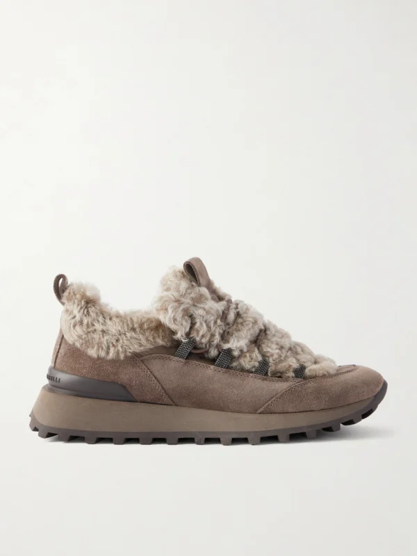 Brunello Cucinelli Bead-embellished Shearling-trimmed Suede Sneakers