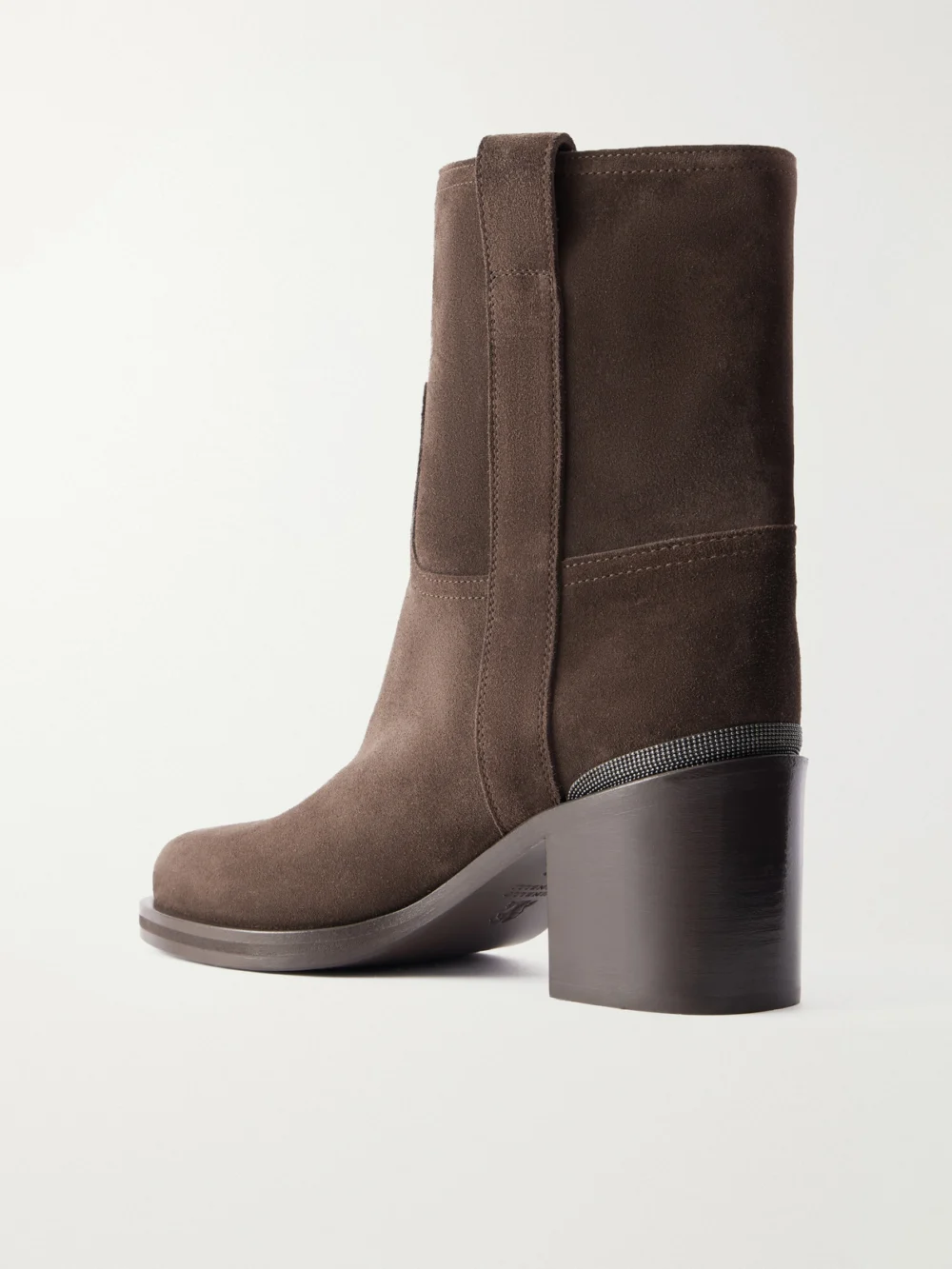 Back view of the Brunello Cucinelli Bead-embellished Suede Ankle Boots