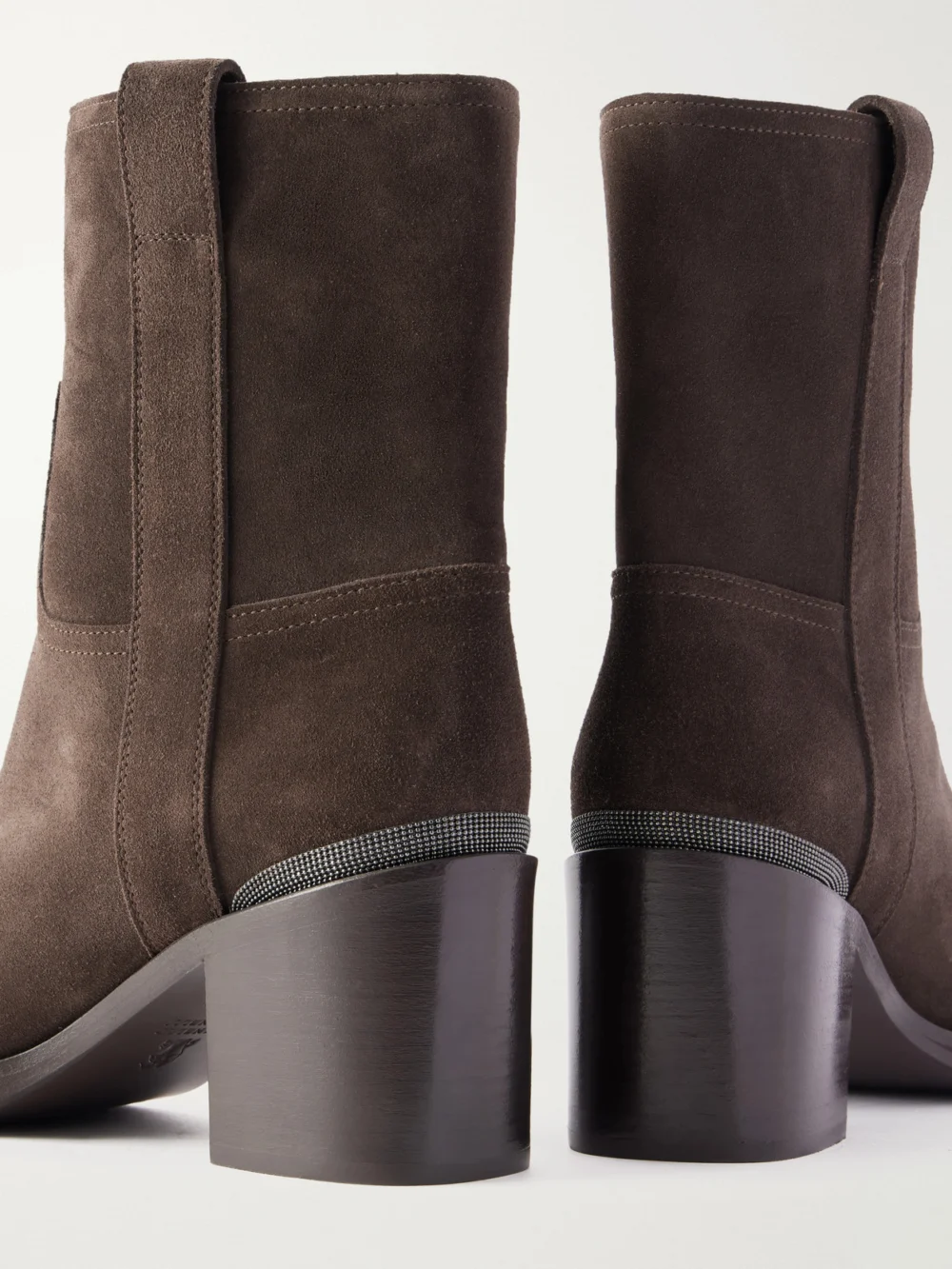 Close-up detail of the Brunello Cucinelli Bead-embellished Suede Ankle Boots