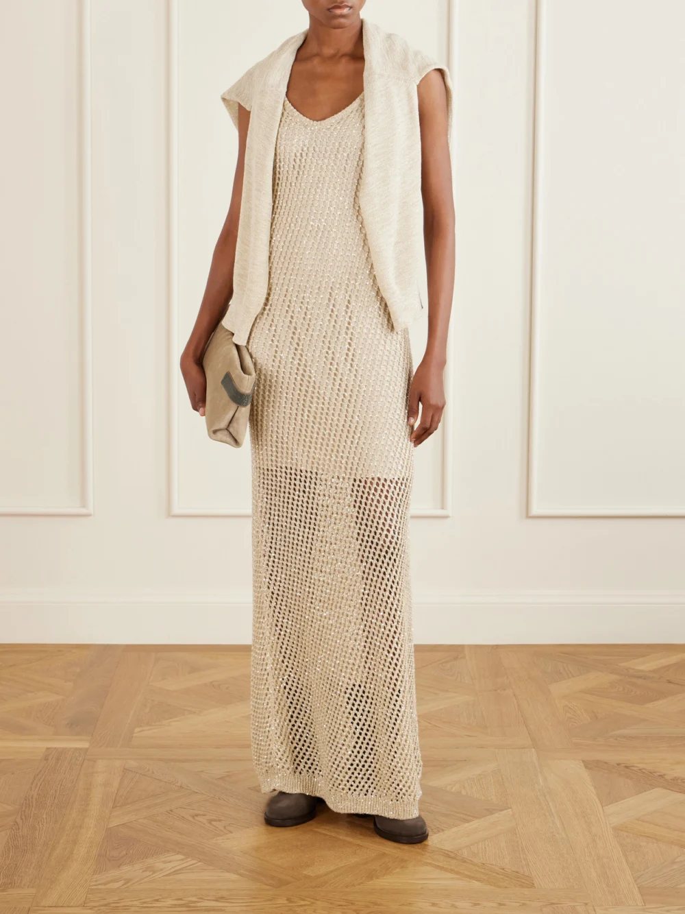 Brunello Cucinelli Bead-embellished Suede Ankle Boots, styled view