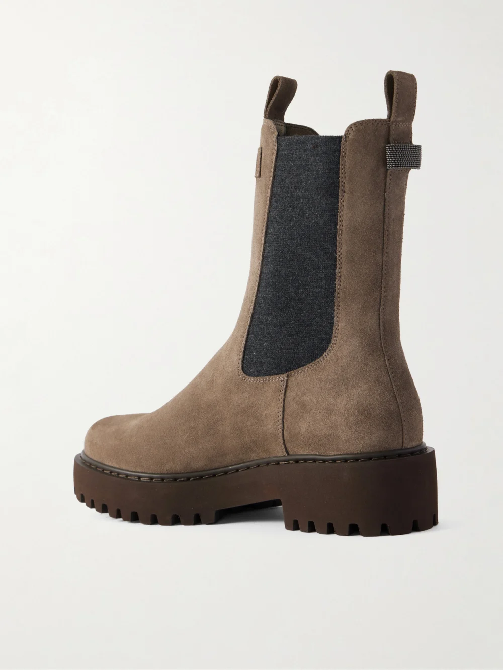 Back view of the Brunello Cucinelli Bead-embellished Suede Ankle Boots