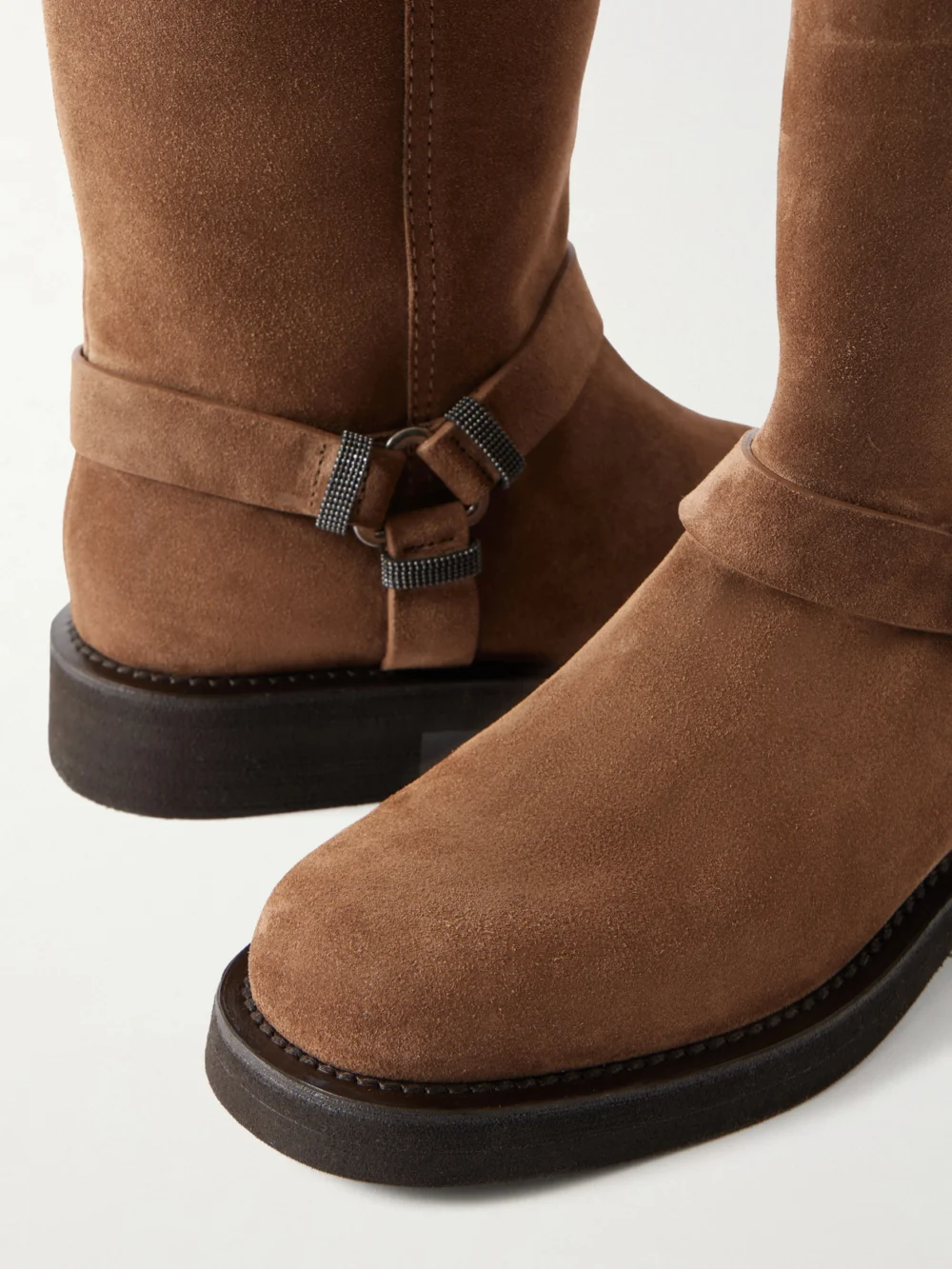 Close-up detail of the Brunello Cucinelli Bead-embellished Suede Biker Boots