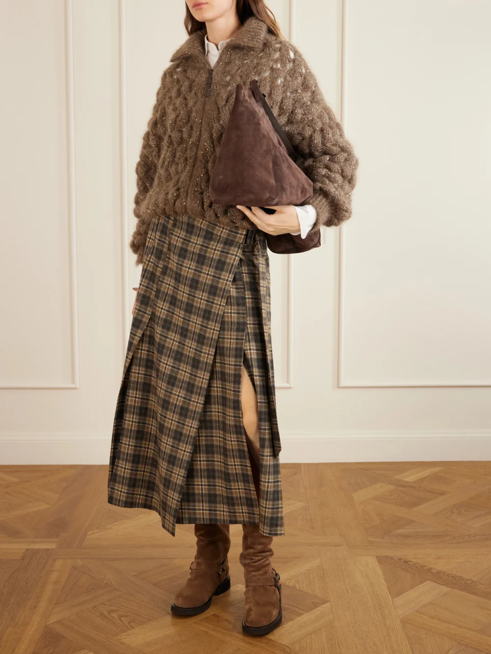 Brunello Cucinelli Bead-embellished Suede Biker Boots, styled view