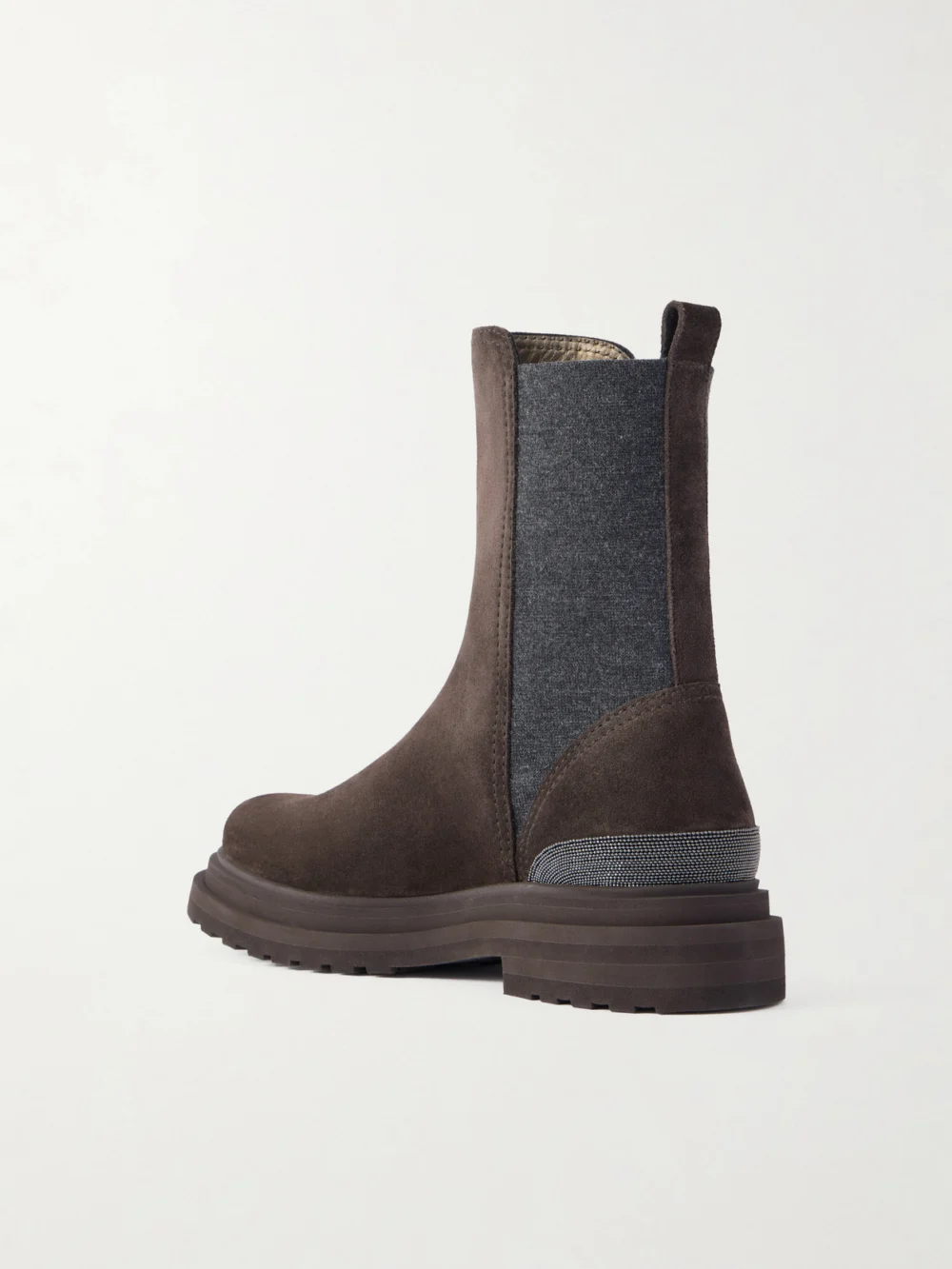 Back view of the Brunello Cucinelli Bead-embellished Suede Chelsea Boots