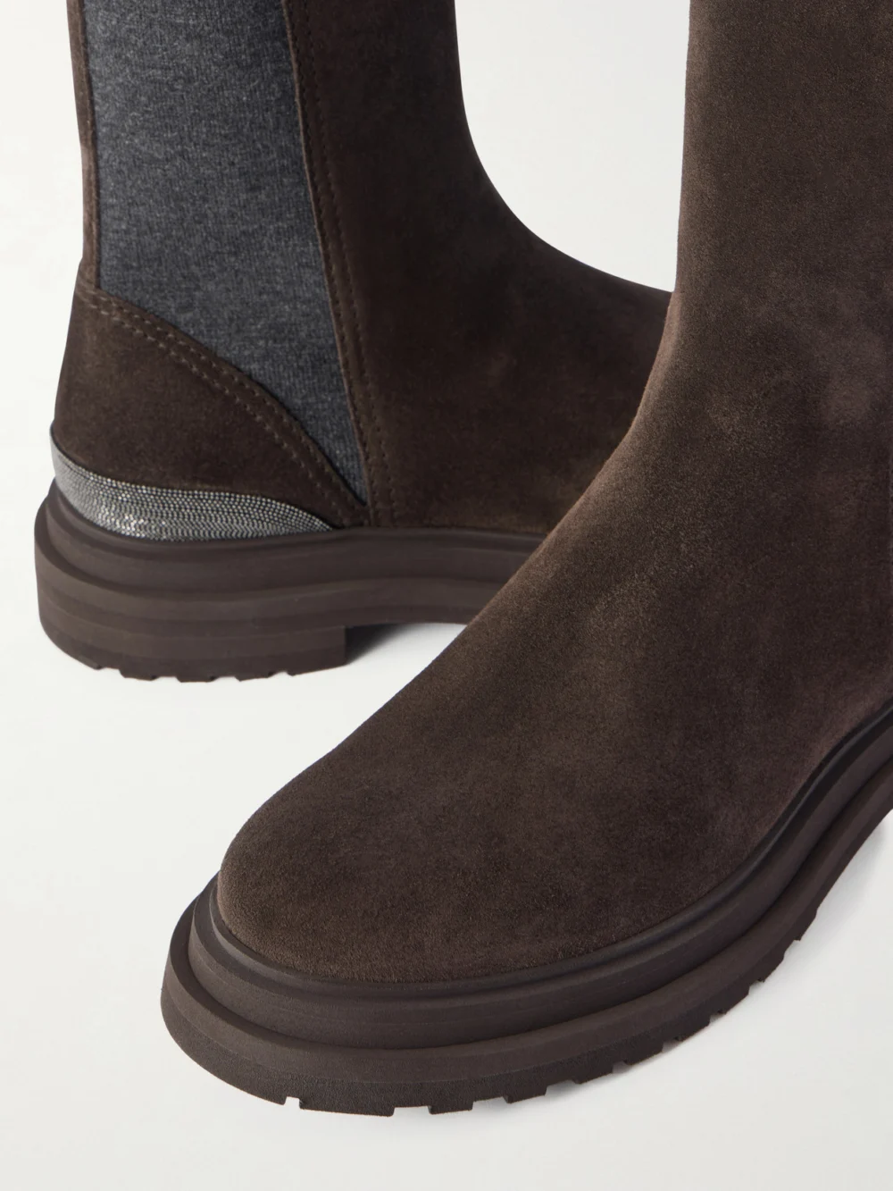Close-up detail of the Brunello Cucinelli Bead-embellished Suede Chelsea Boots