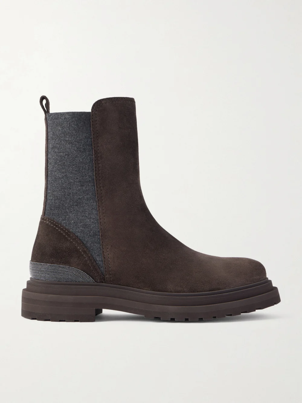 Brunello Cucinelli Bead-embellished Suede Chelsea Boots in dark brown
