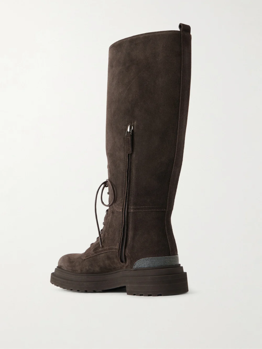 Back view of the Brunello Cucinelli Bead-embellished Suede Knee Boots