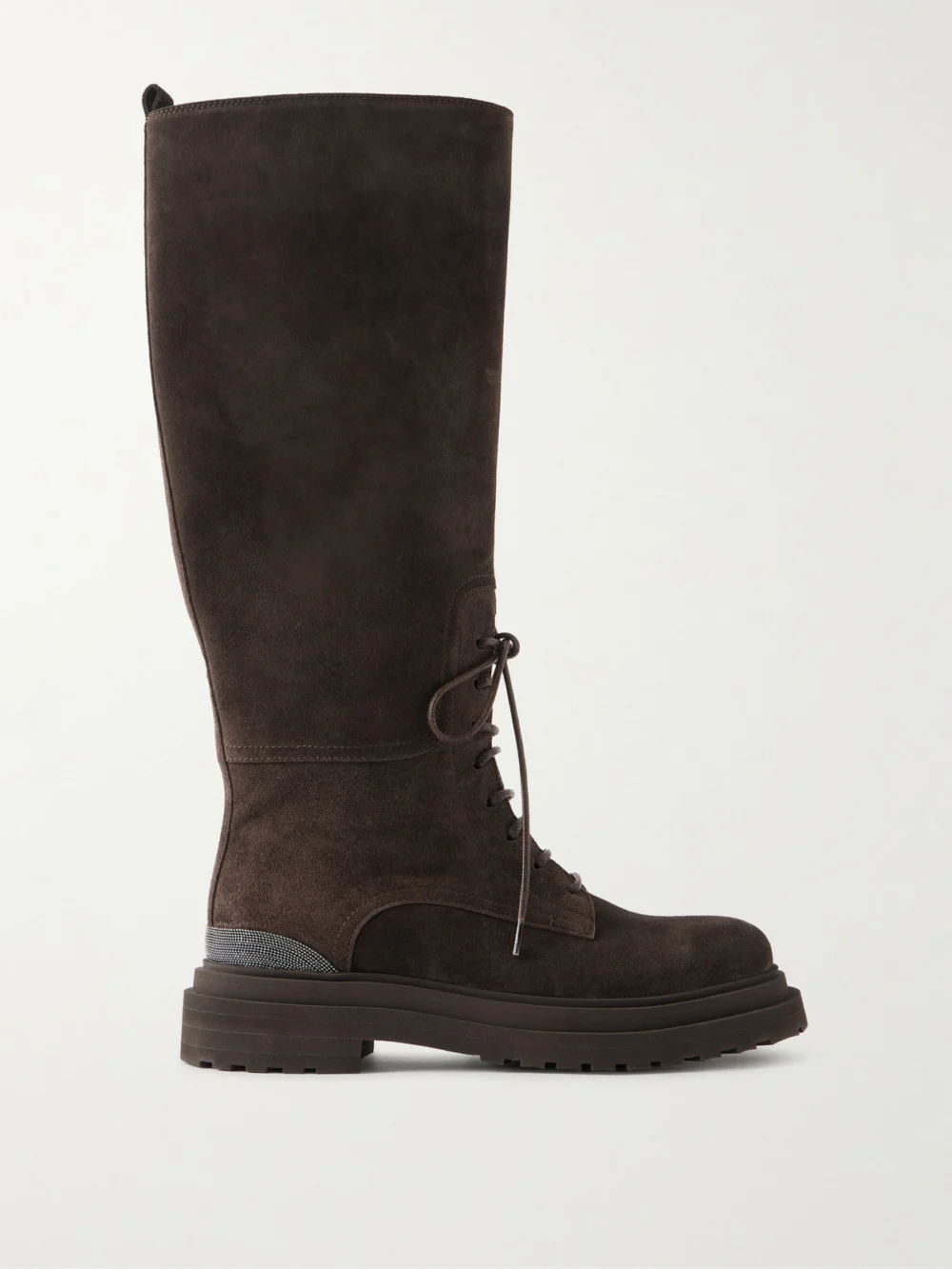 Brunello Cucinelli Bead-embellished Suede Knee Boots in chocolate