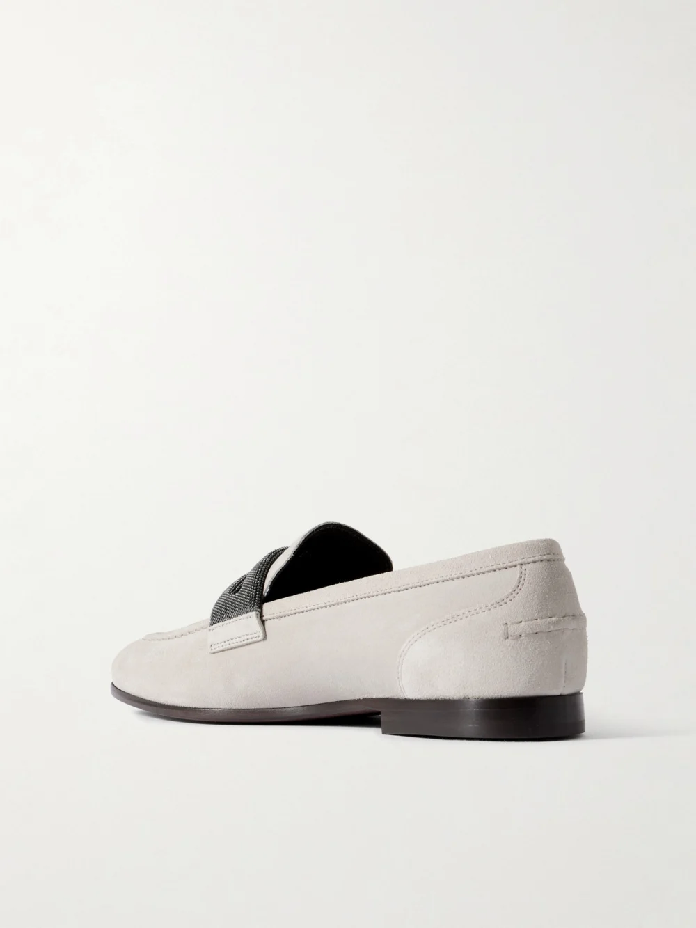 Back view of the Brunello Cucinelli Bead-embellished Suede Loafers