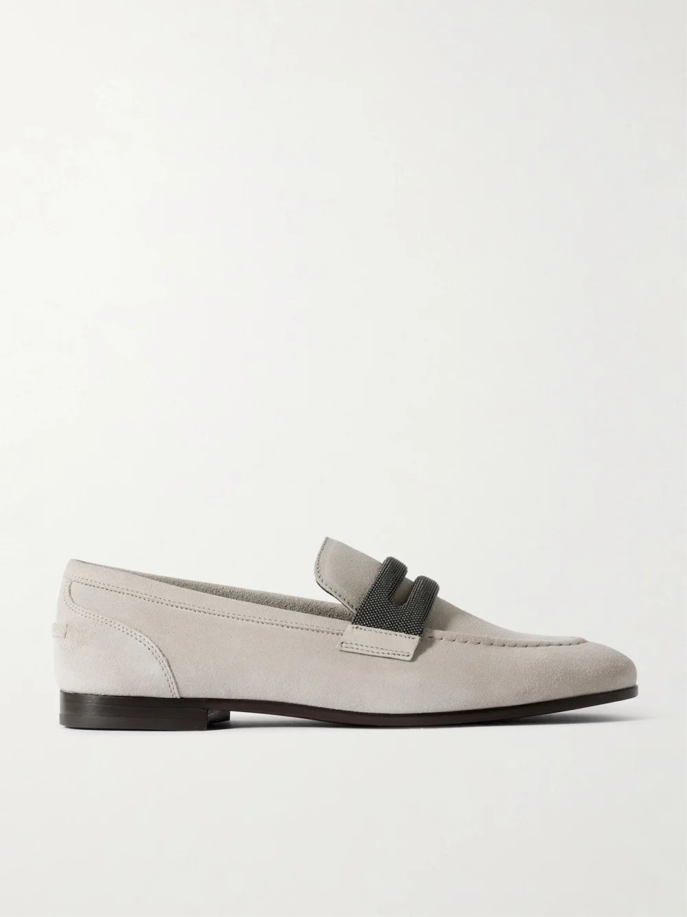 Brunello Cucinelli Bead-embellished Suede Loafers in light gray