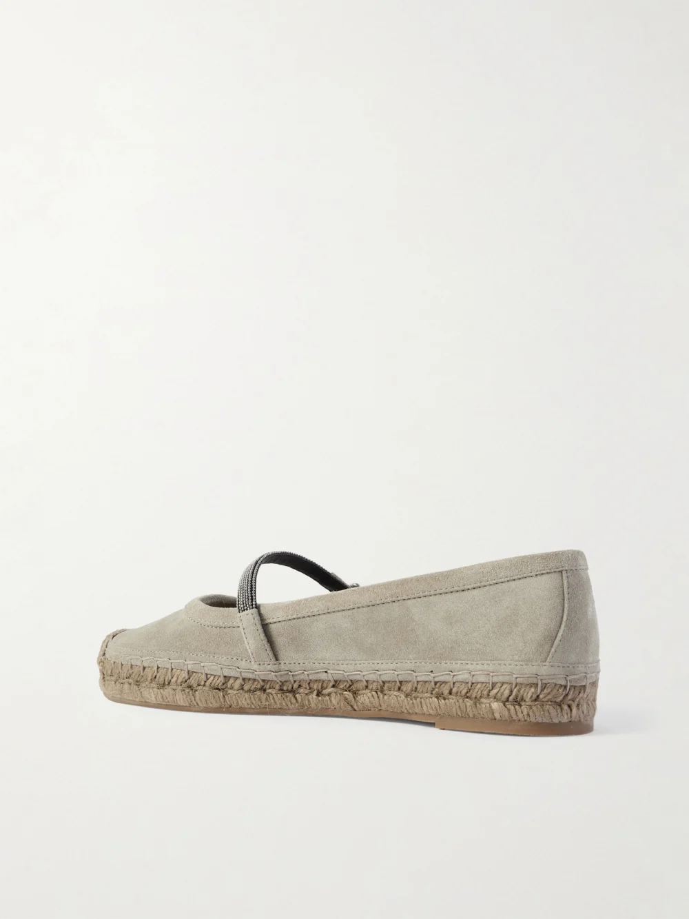 Back view of the Brunello Cucinelli Bead-embellished Suede Mary Jane Espadrille Flats