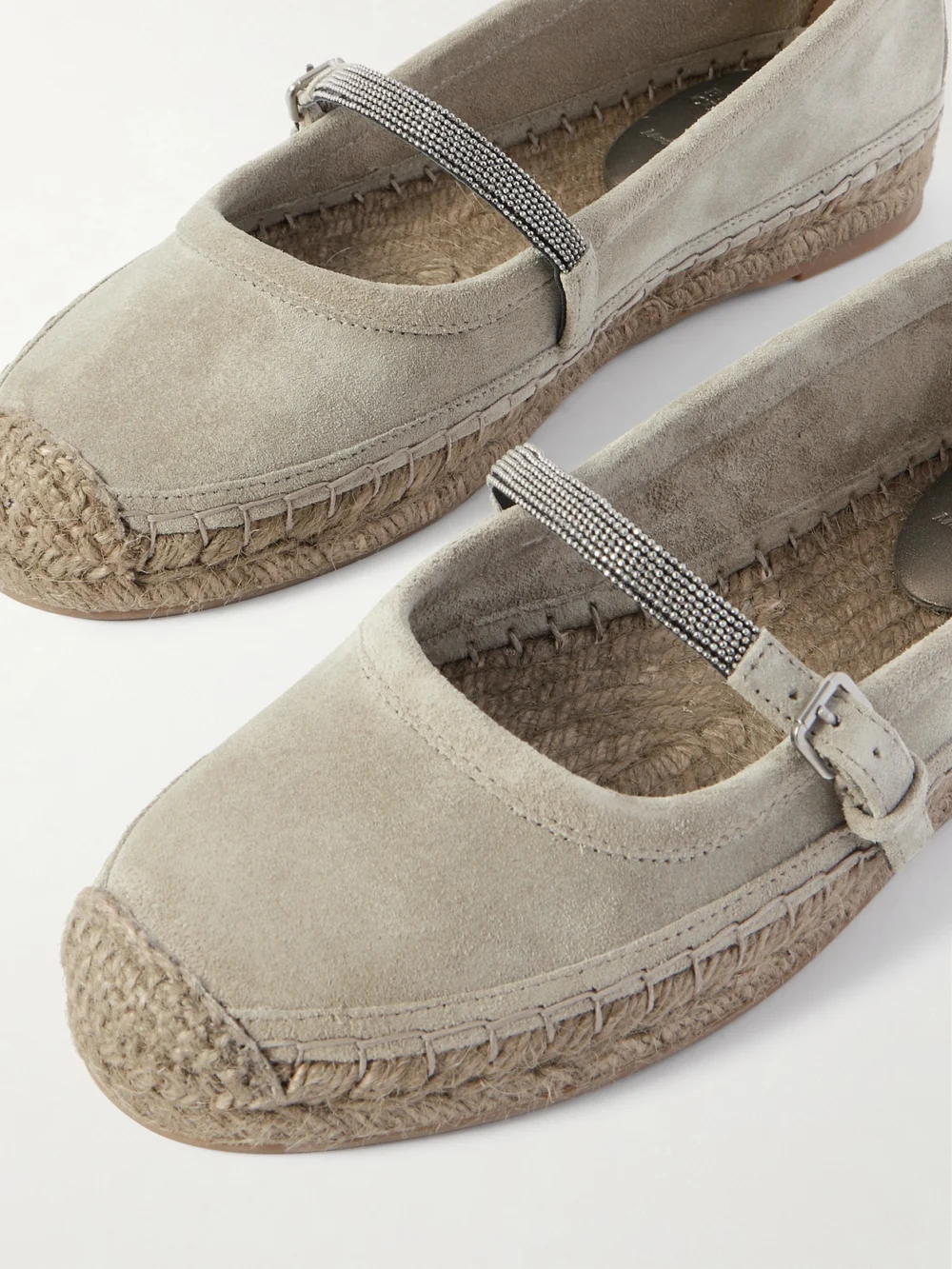 Close-up detail of the Brunello Cucinelli Bead-embellished Suede Mary Jane Espadrille Flats