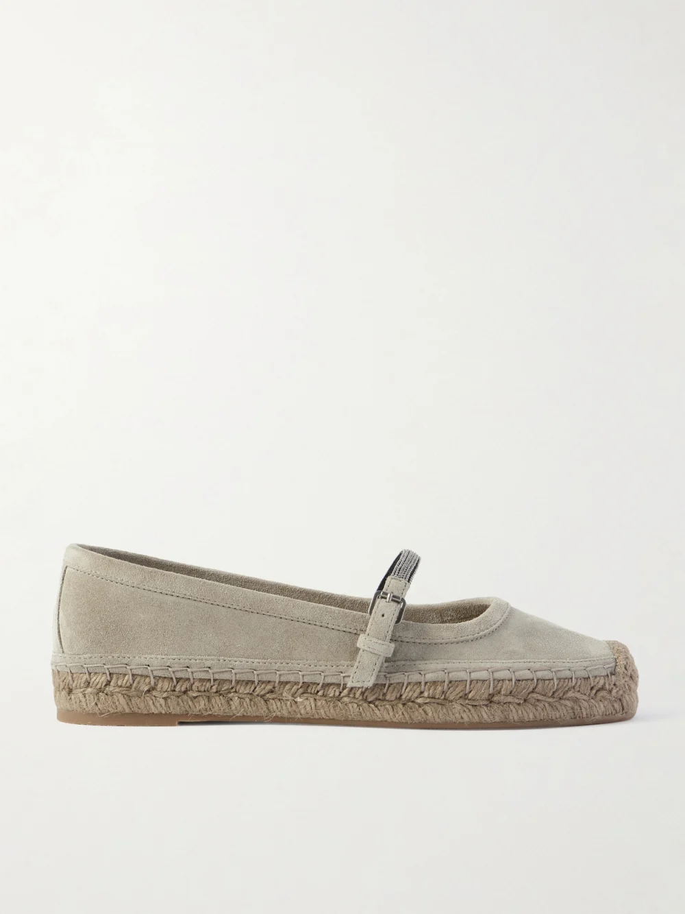 Brunello Cucinelli Bead-embellished Suede Mary Jane Espadrille Flats in taupe