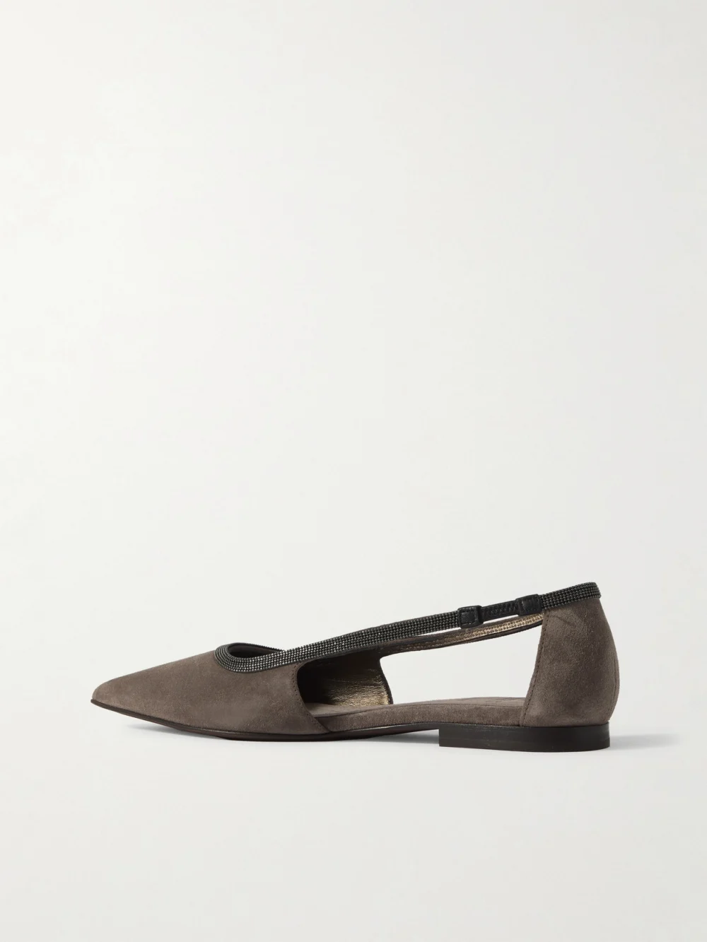 Back view of the Brunello Cucinelli Bead-embellished Suede Point-toe Flats