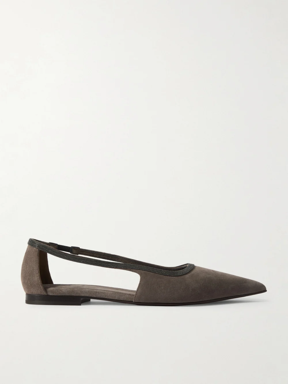 Brunello Cucinelli Bead-embellished Suede Point-toe Flats in dark gray