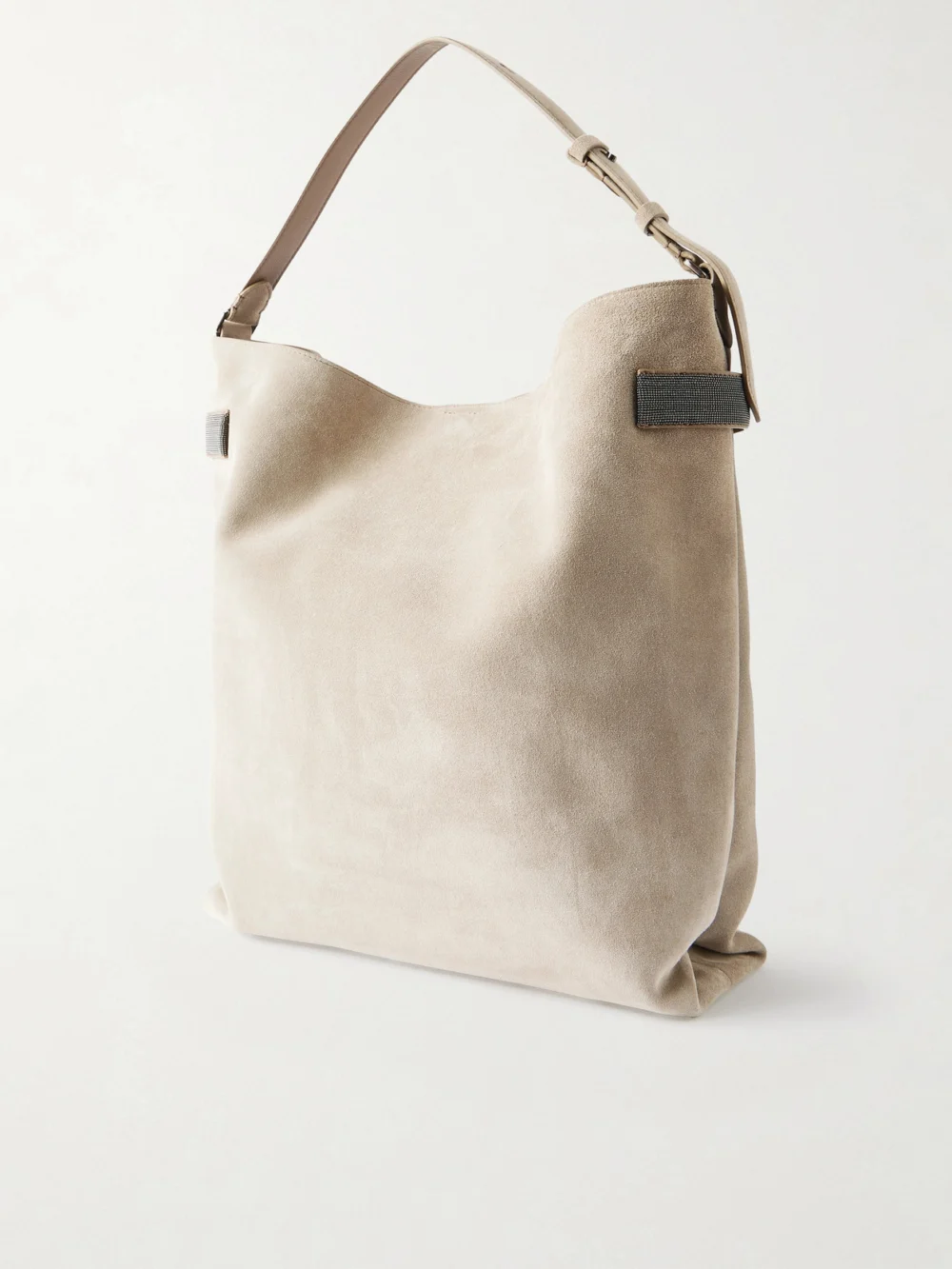 Back view of the Brunello Cucinelli Bead-embellished Suede Shoulder Bag