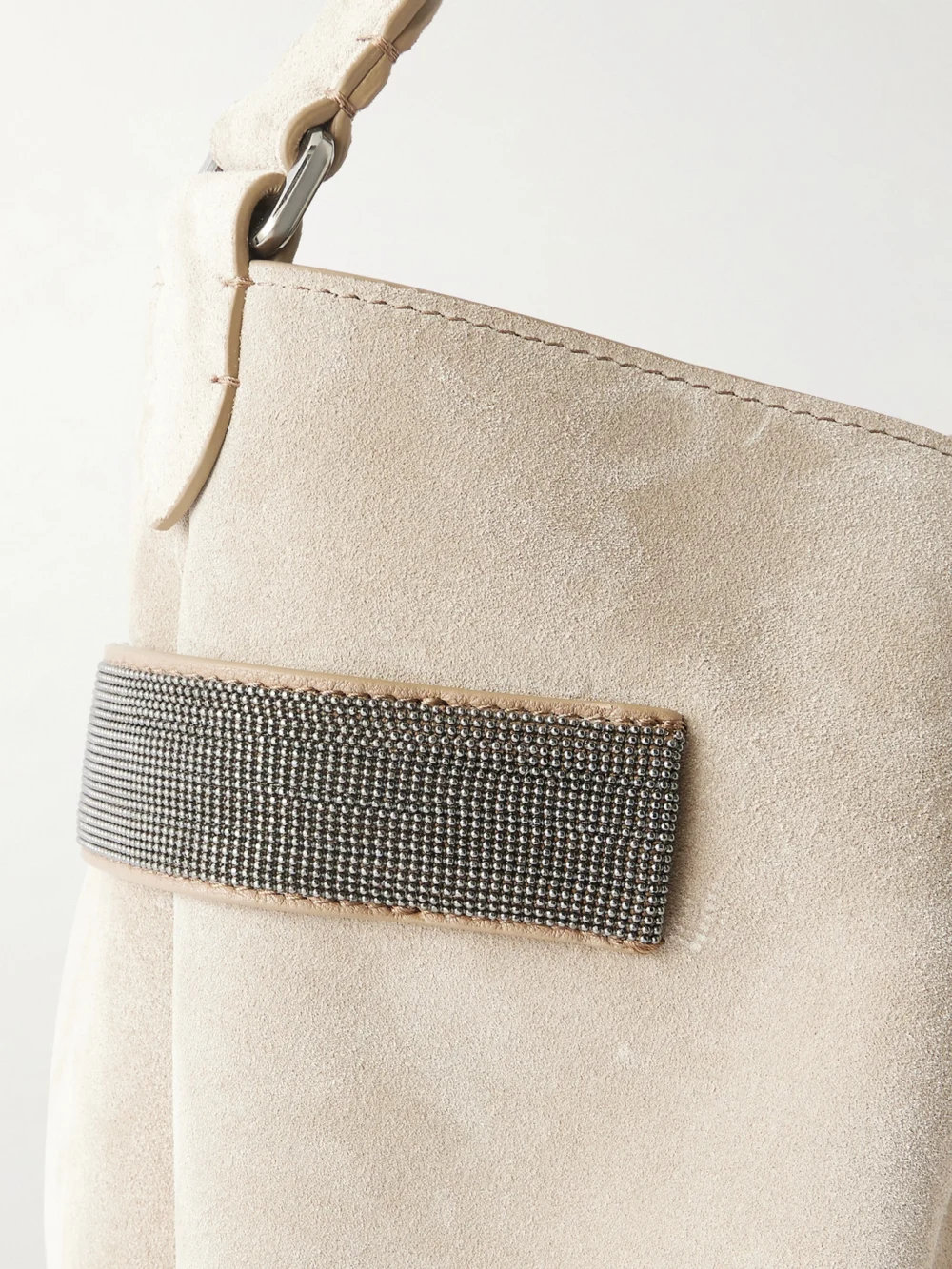 Close-up detail of the Brunello Cucinelli Bead-embellished Suede Shoulder Bag