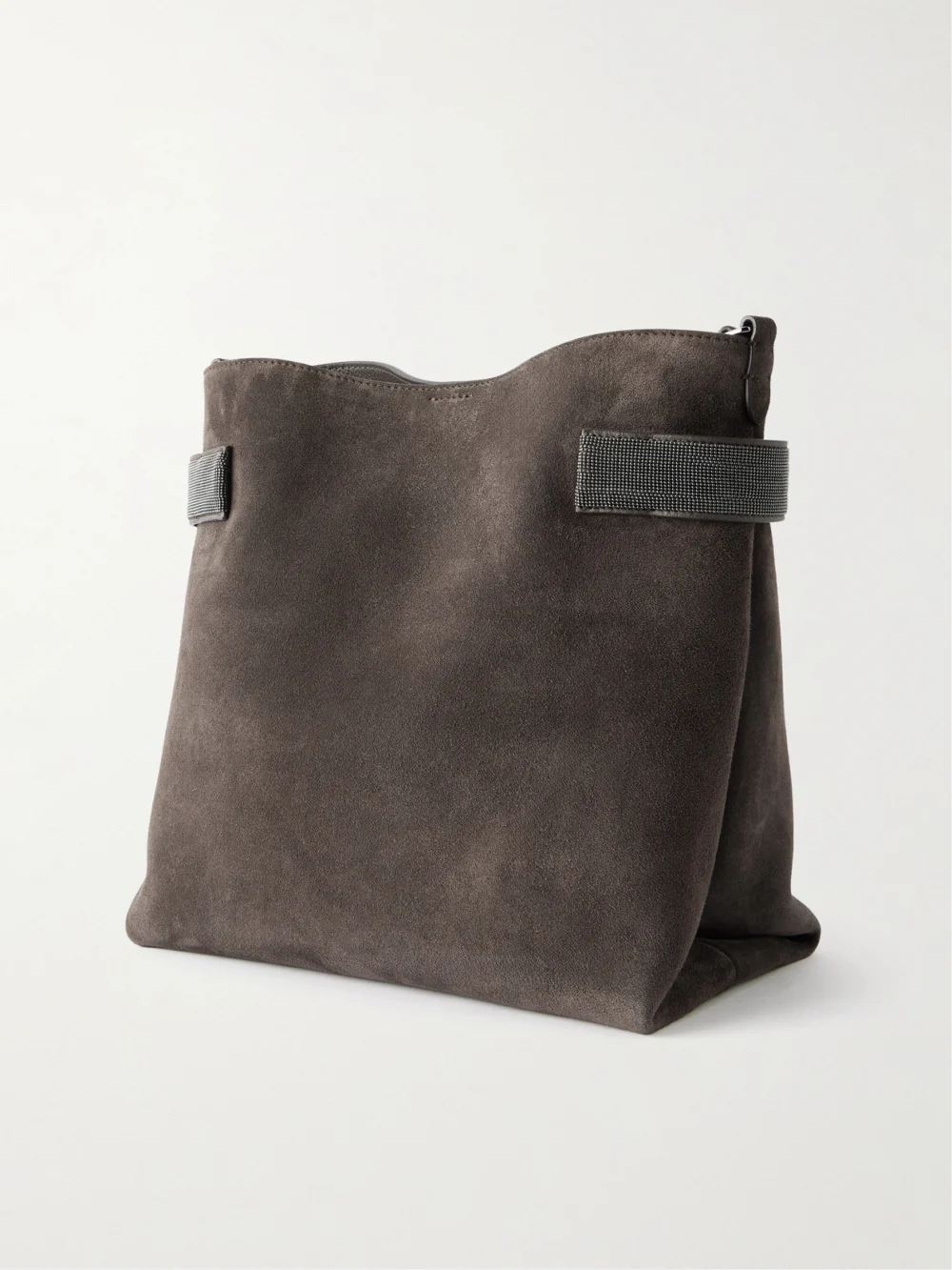 Back view of the Brunello Cucinelli Bead-embellished Suede Shoulder Bag